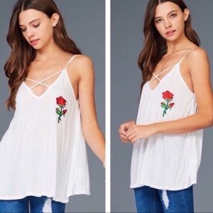 Tops - Strappy Rose Embroidered Tank Tops - Strappy Rose Embroidered Tank
